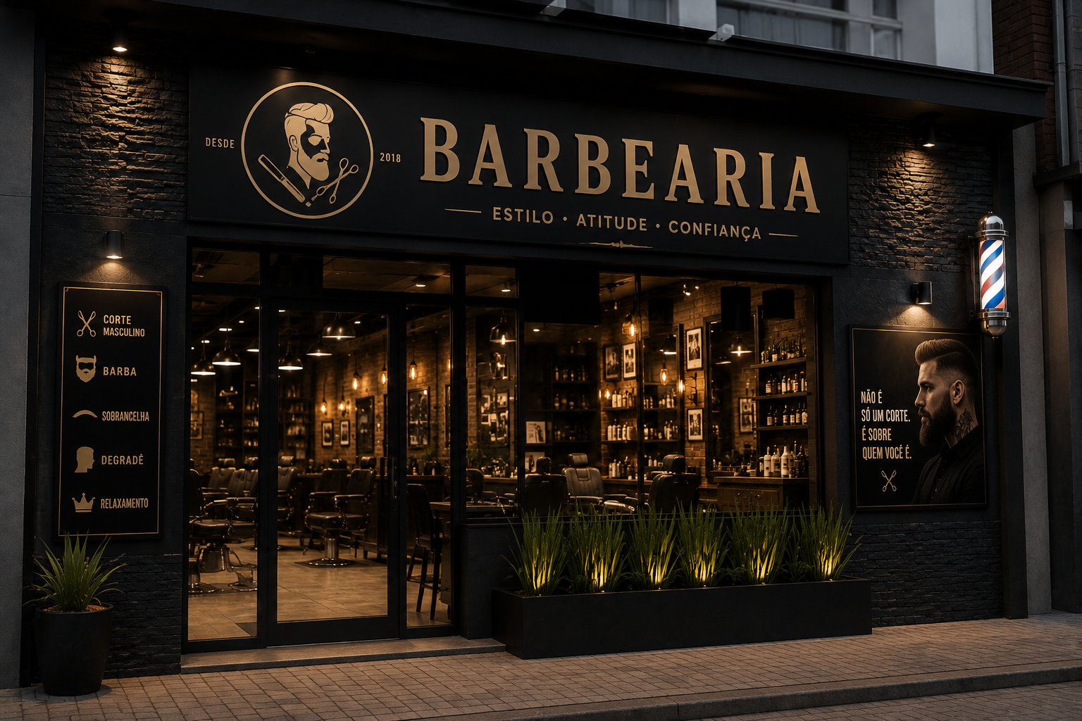 Uma barbearia urbana, confortável e sem excessos.