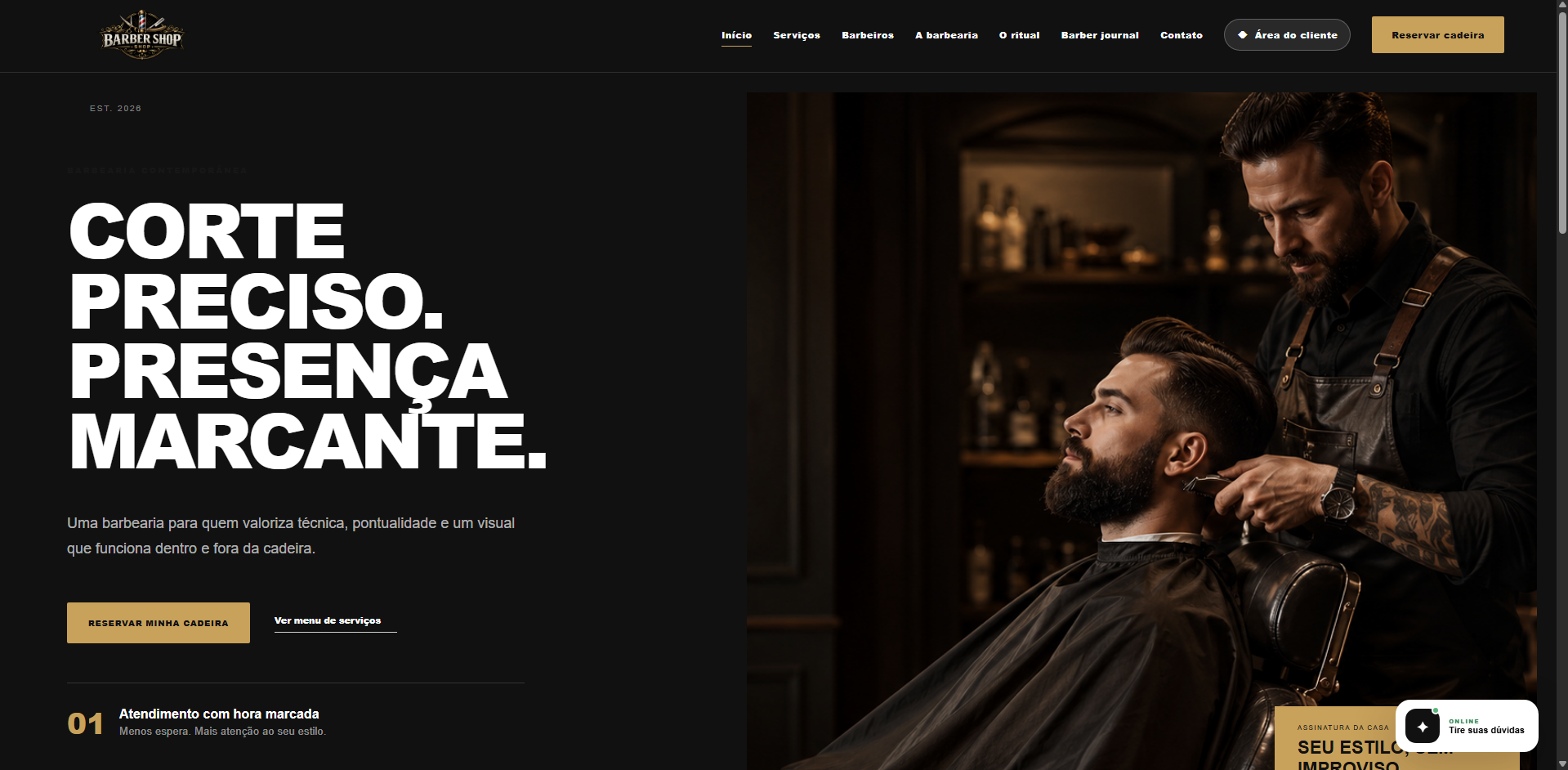 Prévia do projeto Site Barbearia + Dashboard